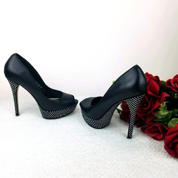 Aldo Platform Stiletto Pumps Size 8.5 Black Leather Rhinestones Peep Almond Toe - Picture 1 of 16